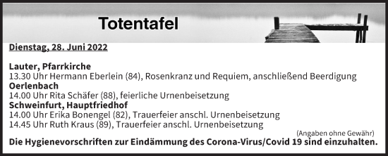 Anzeige von Totentafel vom 28.06.2022 von MGO