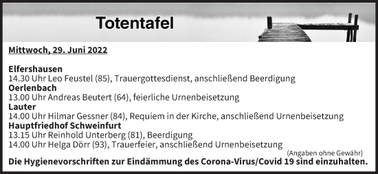 Anzeige von Totentafel vom 29.06.2022 von MGO