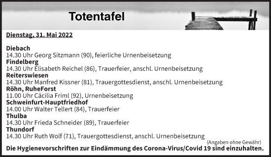 Anzeige von Totentafel vom 31.05.2022 von MGO