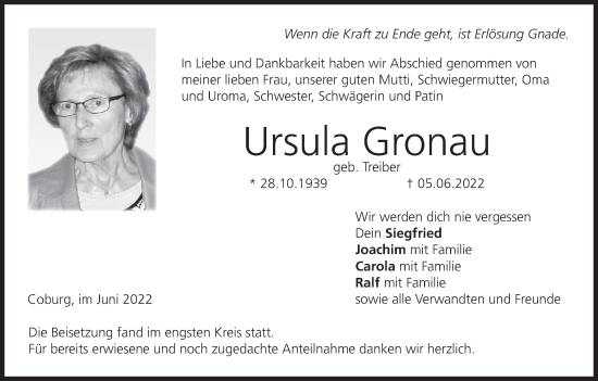 Anzeige von Ursula Gronau von MGO