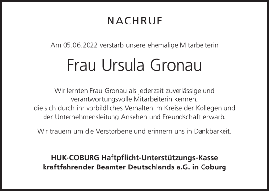 Anzeige von Ursula Gronau von MGO