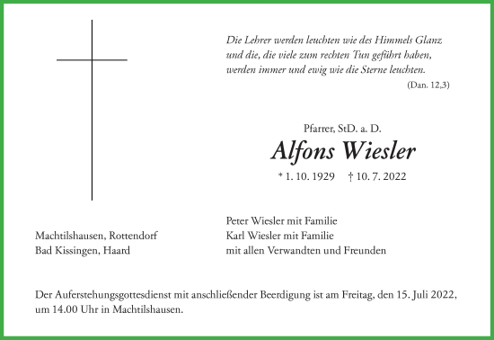 Anzeige von Alfons Wiesler von MGO