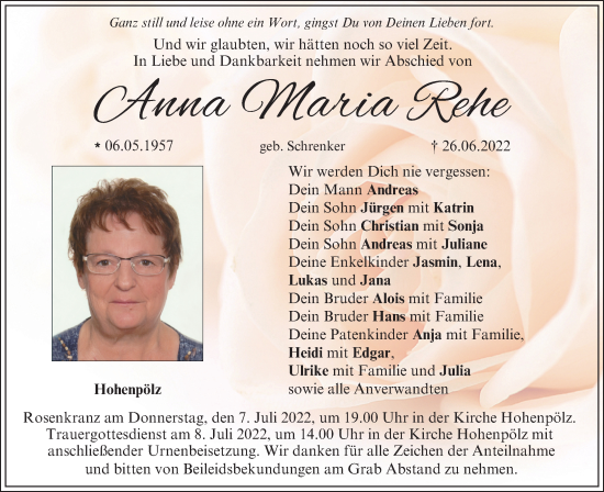 Anzeige von Anna Maria Rehe von MGO