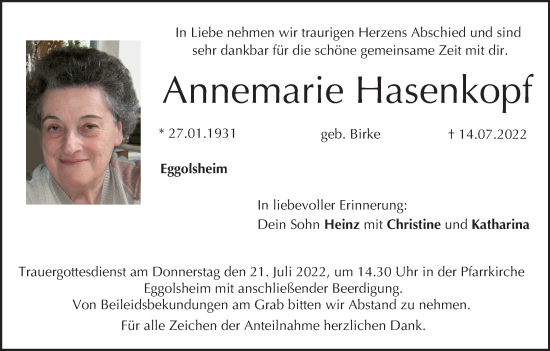 Anzeige von Annemarie Hasenkopf von MGO
