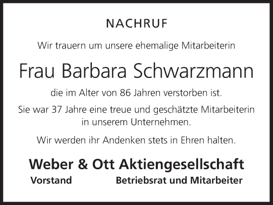 Anzeige von Barbara Schwarzmann von MGO