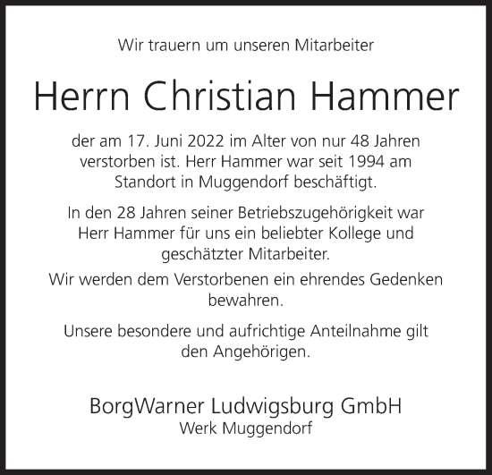 Anzeige von Christian Hammer von MGO