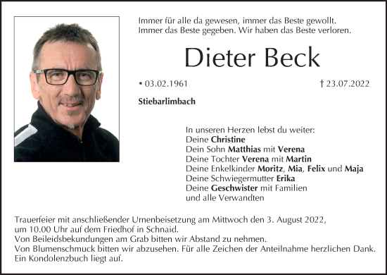 Anzeige von Dieter Beck von MGO