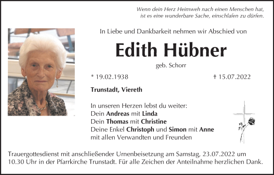 Anzeige von Edith Hübner von MGO
