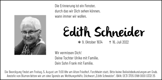 Anzeige von Edith Schneider von MGO