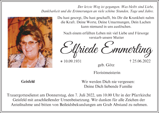 Anzeige von Elfriede Emmerling von MGO