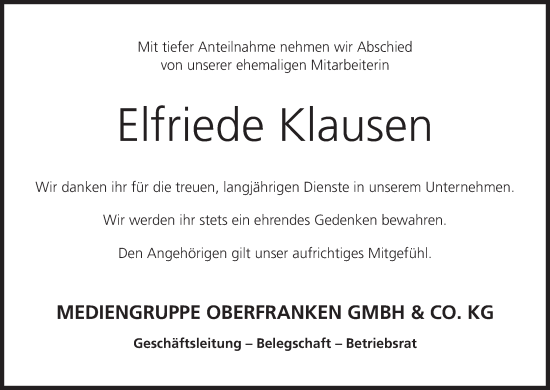 Anzeige von Elfriede Klausen von MGO