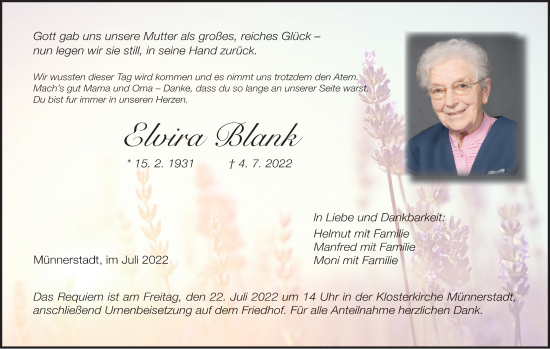 Anzeige von Elvira Blank von MGO