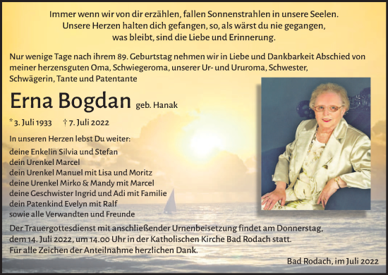 Anzeige von Erna Bogdan von MGO