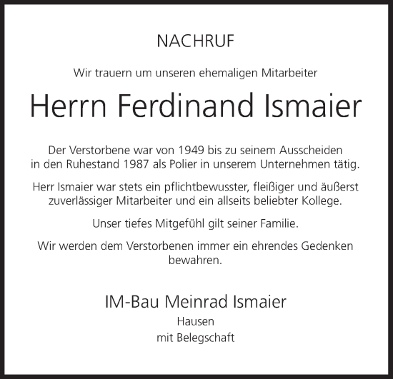 Anzeige von Ferdinand Ismaier von MGO