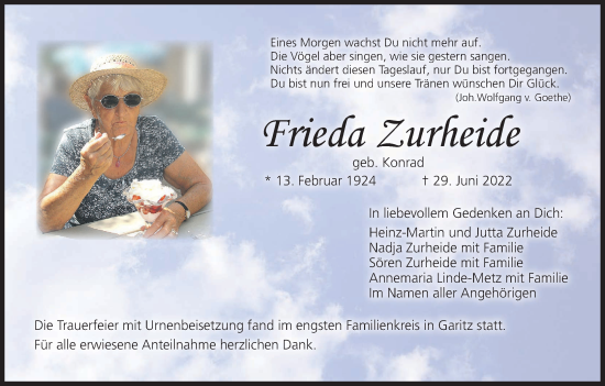 Anzeige von Frieda Zurheide von MGO