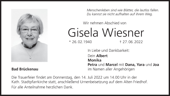 Anzeige von Gisela Wiesner von MGO