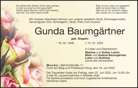 Anzeige von Gunda Baumgärtner von MGO
