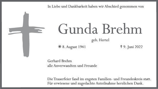 Anzeige von Gunda Brehm von MGO