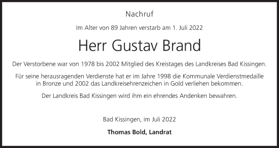 Anzeige von Gustav Brand von MGO