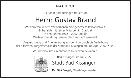 Anzeige von Gustav Brand von MGO