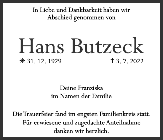 Anzeige von Hans Butzeck von MGO