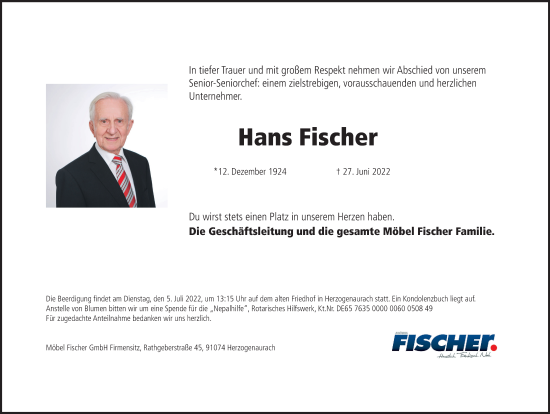 Anzeige von Hans Fischer von MGO