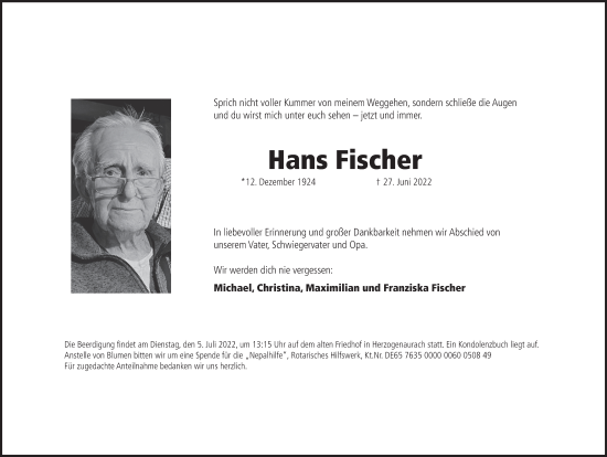 Anzeige von Hans Fischer von MGO