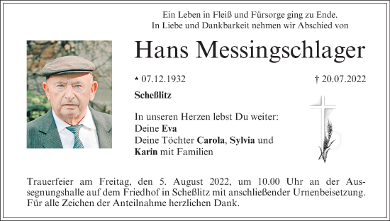 Anzeige von Hans Messingschlager von MGO