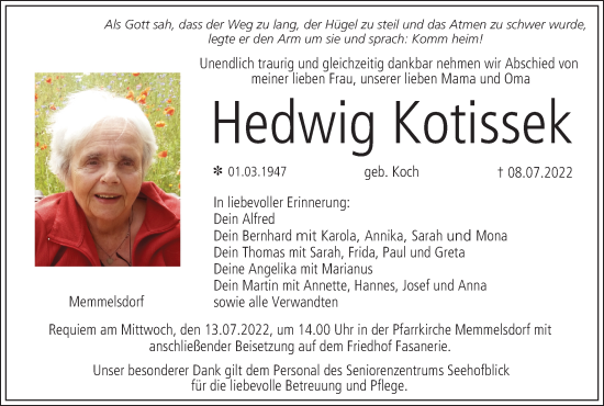 Anzeige von Hedwig Kotissek von MGO