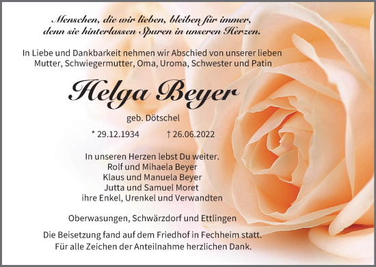 Anzeige von Helga Beyer von MGO