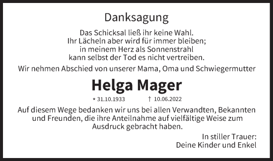 Anzeige von Helga Mager von MGO