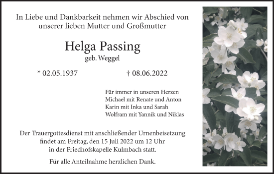 Anzeige von Helga Passing von MGO