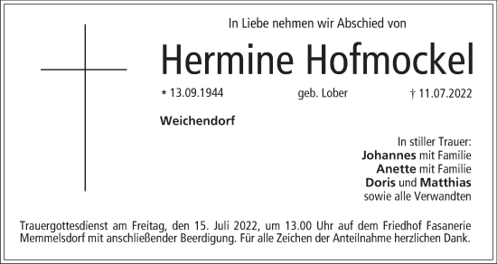 Anzeige von Hermine Hofmockel von MGO