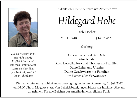 Anzeige von Hildegard Hohe von MGO