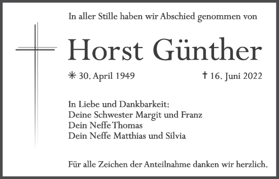 Anzeige von Horst Günther von MGO