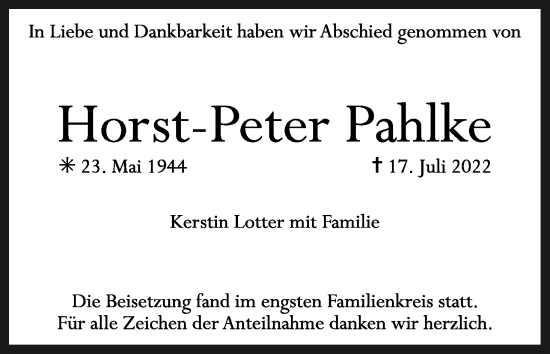 Anzeige von Horst-Peter Pahlke von MGO
