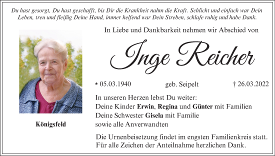 Anzeige von Inge Reicher von MGO