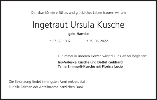 Anzeige von Ingetraut Ursula Kusche von MGO