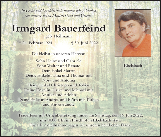 Anzeige von Irmgard Bauerfeind von MGO