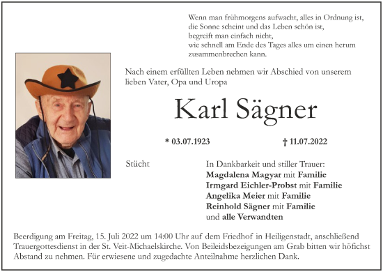 Anzeige von Karl Sägner von MGO
