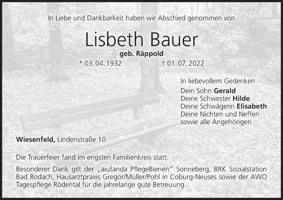 Anzeige von Lisbeth Bauer von MGO