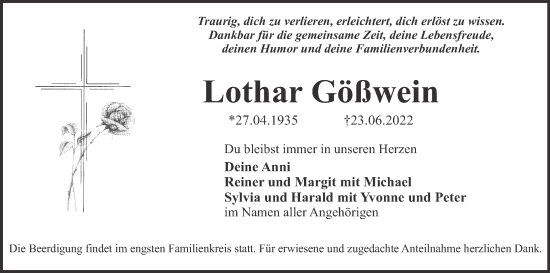 Anzeige von Lothar Gößwein von MGO