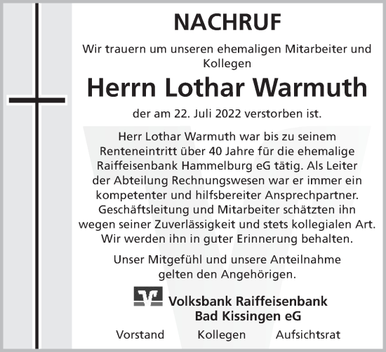 Anzeige von Lothar Warmuth von MGO