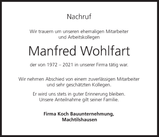Anzeige von Manfred Wohlfart von MGO