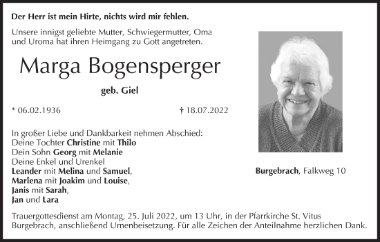Anzeige von Marga Bogensperger von MGO