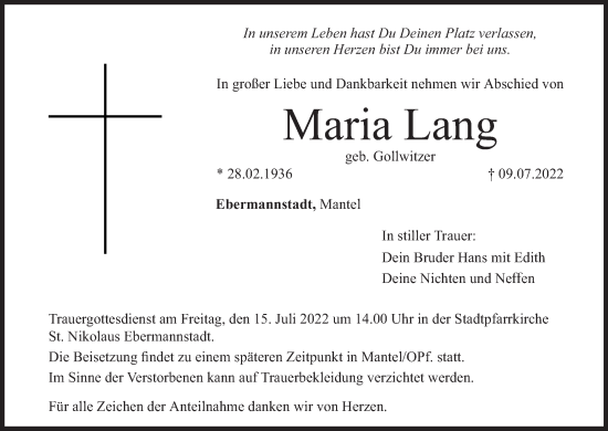 Anzeige von Maria Lang von MGO