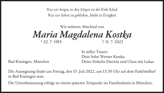 Anzeige von Maria Magdalena Kostka von MGO
