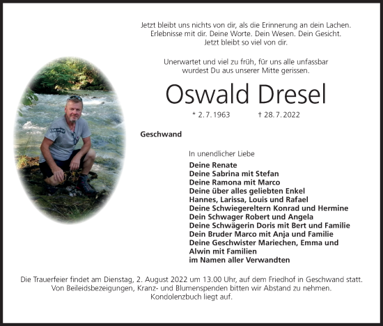 Anzeige von Oswald Dresel von MGO