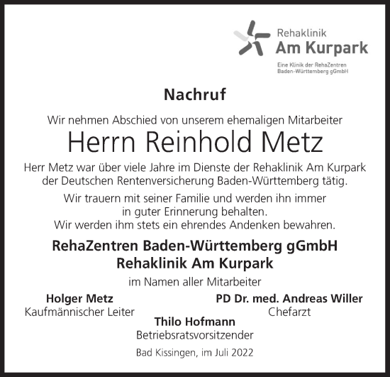 Anzeige von Reinhold Metz von MGO