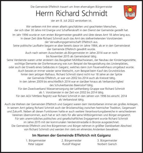 Anzeige von Richard Schmidt von MGO